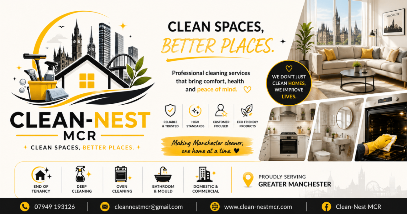 Clean-Nest MCR — Clean Spaces, Better Places. Professional cleaning services across Greater Manchester.