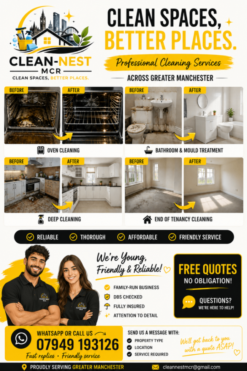 Clean-Nest MCR before and after results — oven cleaning, bathroom and mould treatment, deep cleaning, and end of tenancy cleaning across Greater Manchester